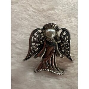 Camco Angel Pin Silver Faux Pearl Filigree Wing Vintage Brooch Angelic Celestial
